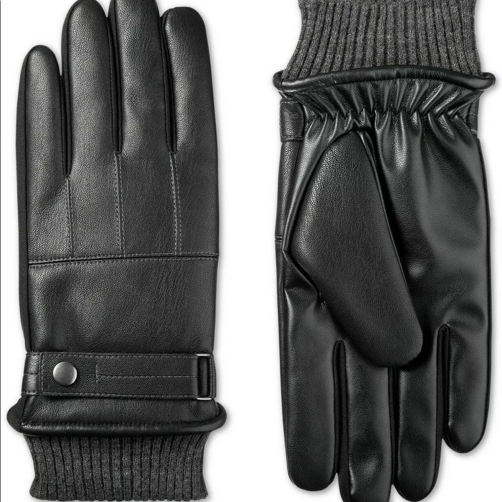 Isotoner Men's Gloves Black Faux Leather Knit - Picture 2 of 4